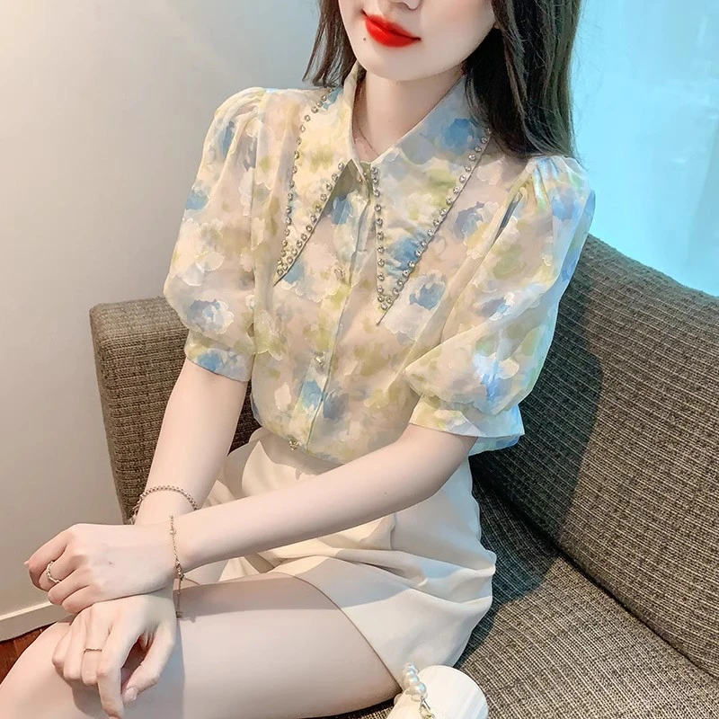 夏季短袖雪纺衬衫女士装衬衣2024年新款法式碎花上衣设计感小众夏