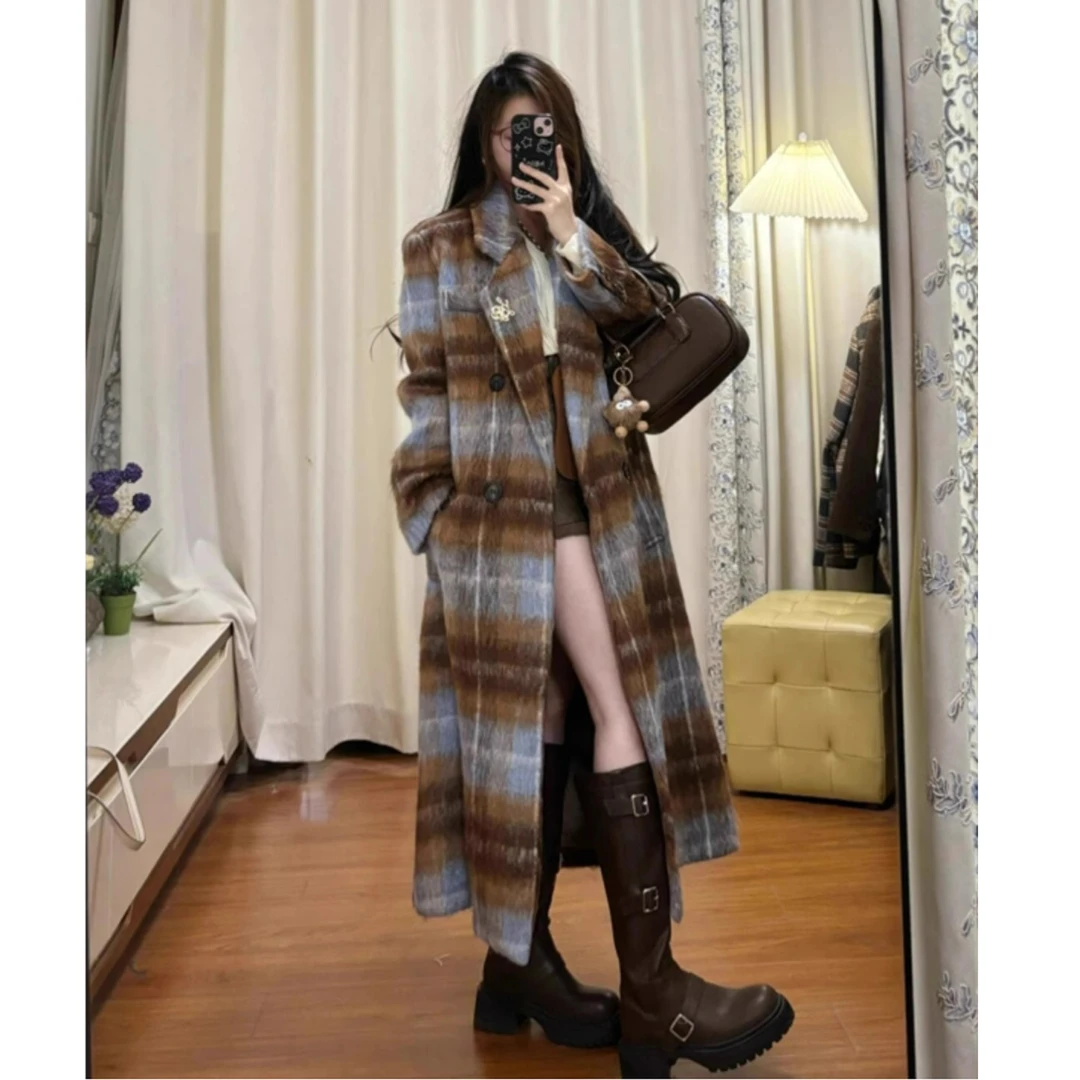 2024新款秋冬高级感毛呢外套格子呢子大衣女韩系冬天中长款赫本风