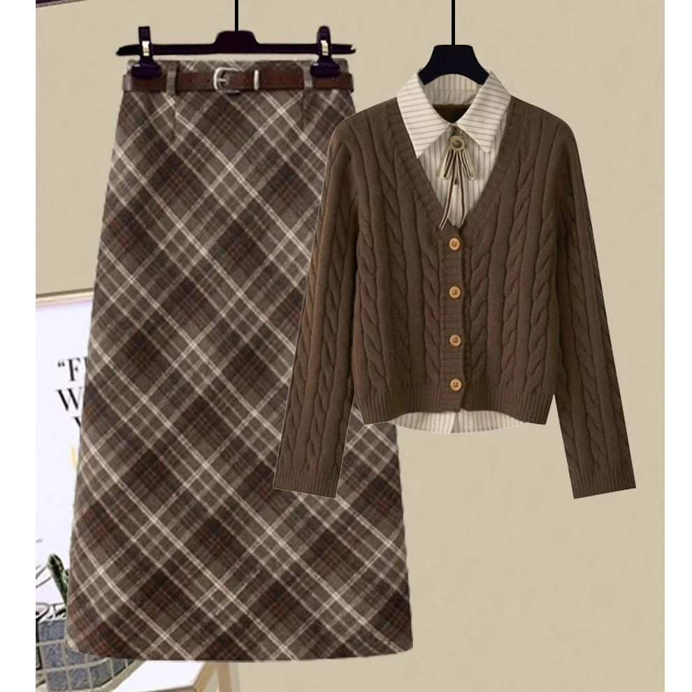 深秋搭配一整套秋冬新款高级感学院风假两件毛衣女格纹半身裙套装
