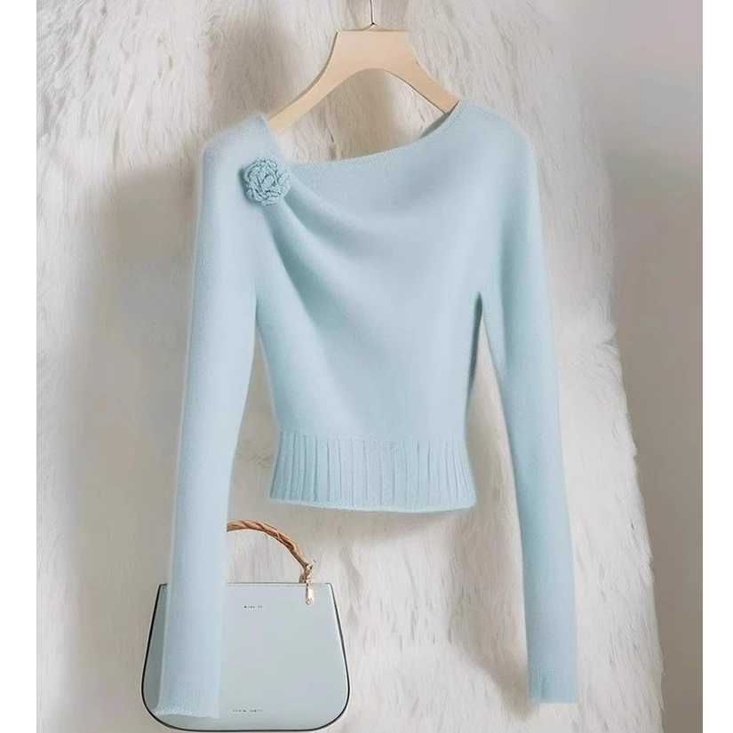 高档女装时尚冬装新款高级感毛衣小众洋气时髦通勤百搭蓝色针织衫