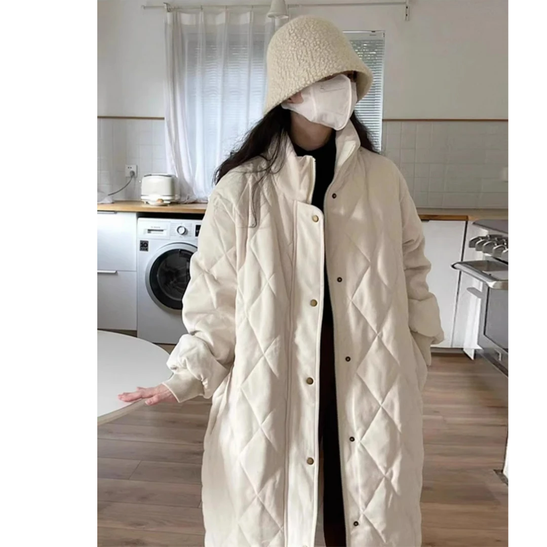 冬季菱格加厚棉服女冬新款中长款过膝韩版宽松立领灯芯绒棉衣外套