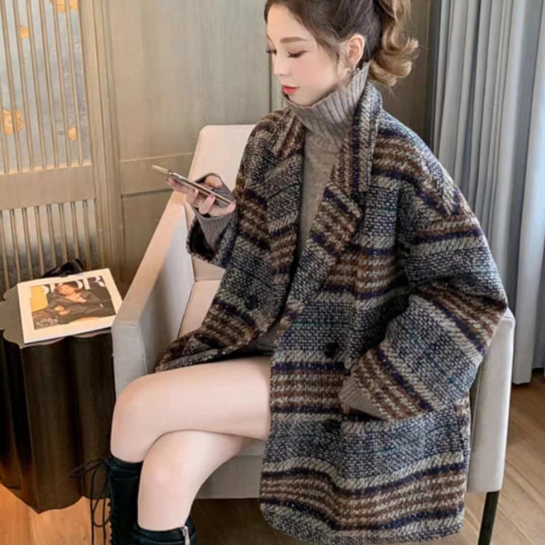 时尚百搭新品牌女装秋冬新款复古西装领宽松加厚中长版呢子外套女