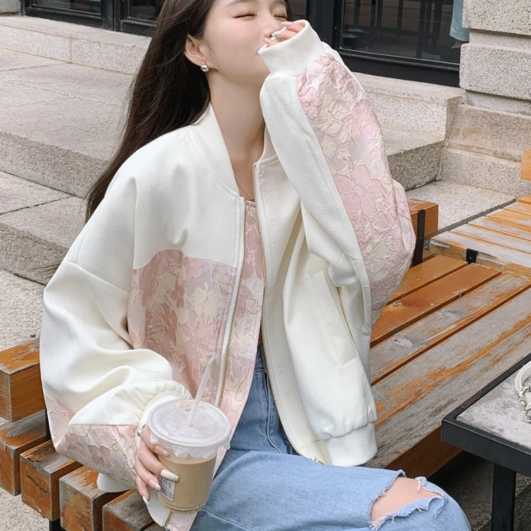 碎花拼接白色棒球服外套女春秋2024新款高级感短款小个子减龄夹克