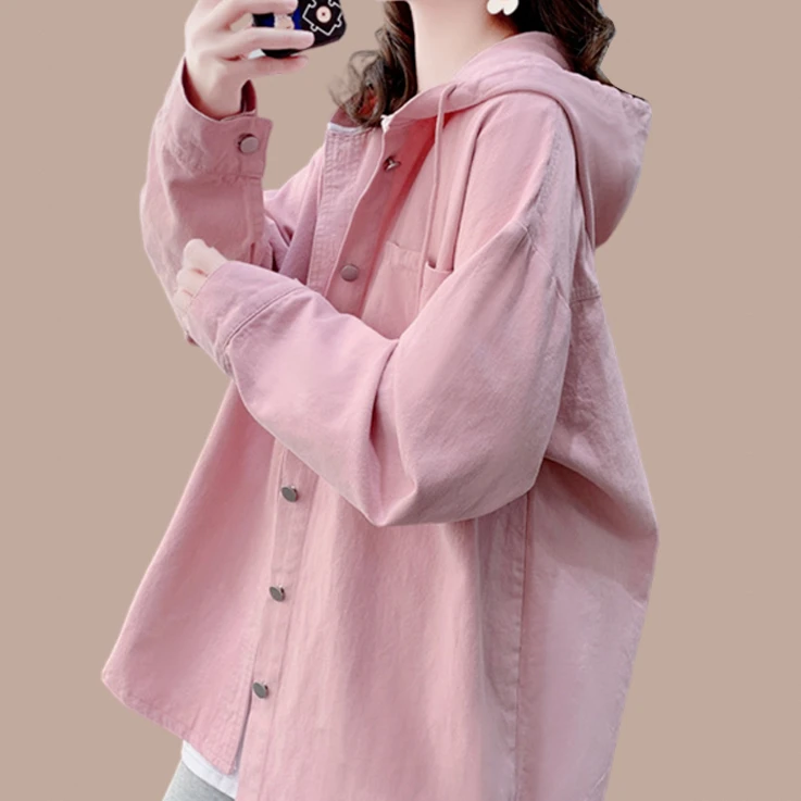 设计感纯色长袖连帽衬衫女早秋2025年新款宽松大码中长款外套上衣