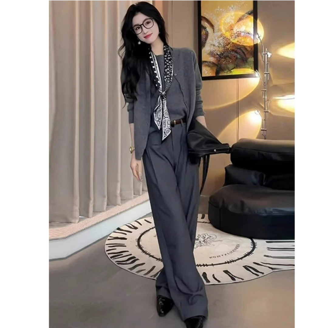 秋冬穿搭一整套装女针织开衫毛衣外套马甲西装阔腿裤高级感三件套