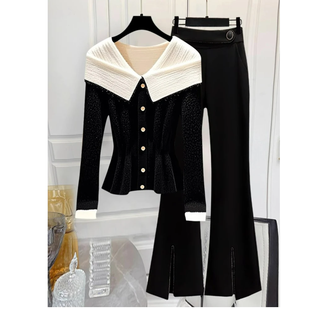 秋冬韩系温柔减龄法式高级感小香风名媛针织毛衣微喇裤气质套装