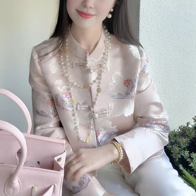 新中式国风短款旗袍唐装提花2024新款外套女复古盘扣上衣春秋季