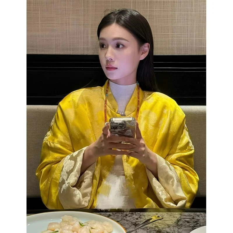 新中式国风黄色提花外套女独特超好看唐装上衣秋冬新款高级感2024