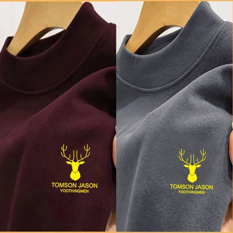 秋冬季韩版双面德绒T恤男士男保暖上衣半高领打底男长袖大码宽松