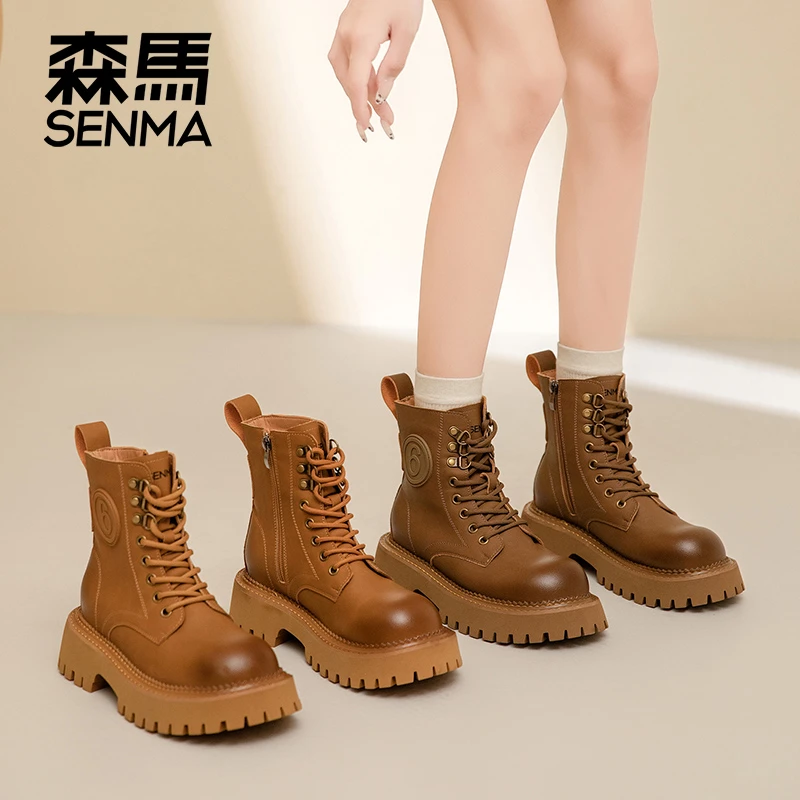 森马/SENMA2024新款秋冬增高马丁靴网红爆款大麦色休闲时尚女靴