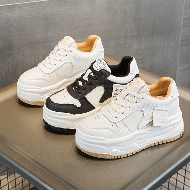 万达撤柜头层牛皮内增高女鞋显瘦小个子春季松糕厚底白鞋ins.潮鞋