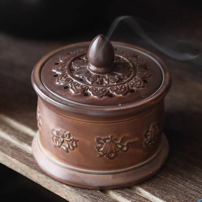 经典藏式吉祥八宝及莲花手工土陶香炉