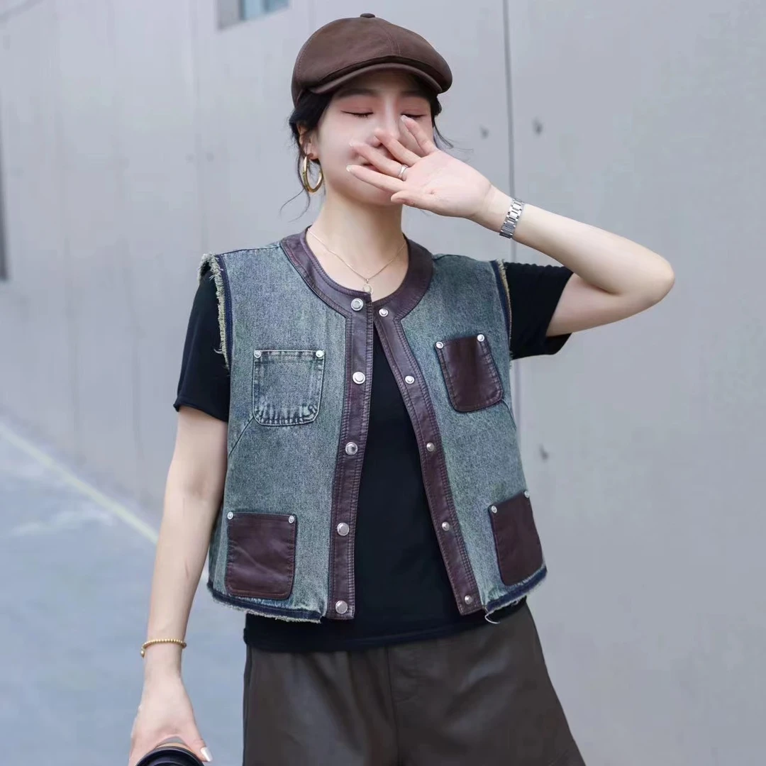牛仔拼接马甲小香风气质短款时尚西装显瘦休闲百搭拼色洋气撞色
