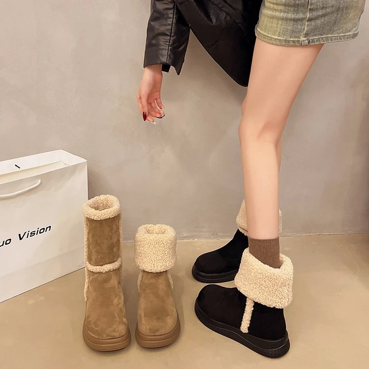 女鞋2024年冬季新款女士时尚加绒加厚时装靴子圆头中筒休闲靴