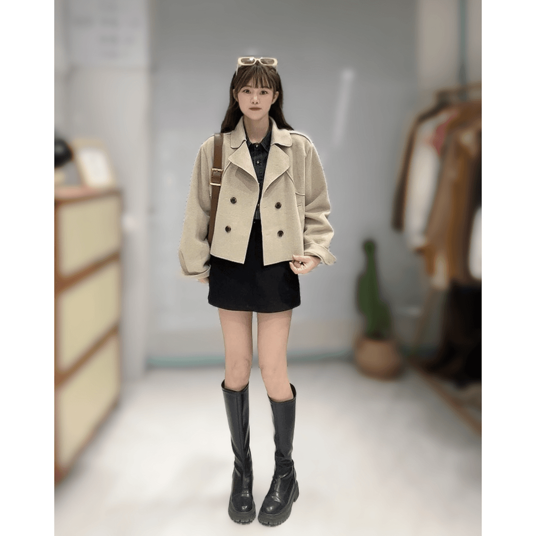 拾一 小个子大翻领短款双面呢外套