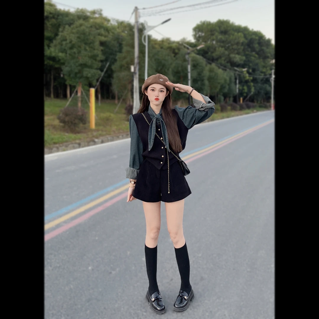 拾一 小个子小香风显瘦兔耳朵牛仔拼接毛衣