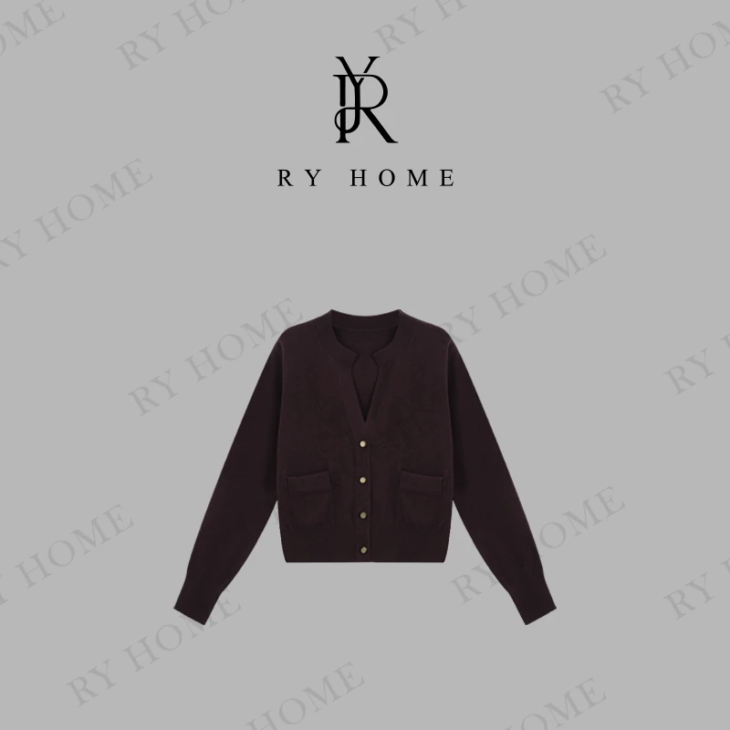 【容雨RYHOME】小香风V领古铜帽扣短款毛织开衫243M2646