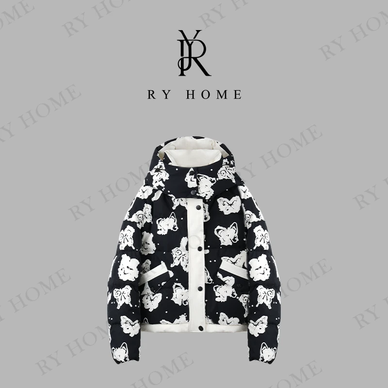 【容雨RYHOME】90白鸭绒~蝴蝶印花连帽面包羽绒服244YF1242