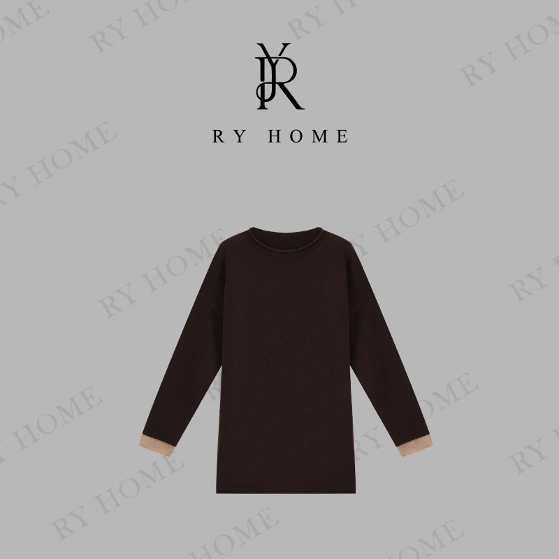 【容雨RYHOME】绵羊毛＋慵懒风圆领撞色袖口套头长袖毛衣243M2684