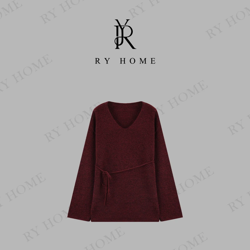 【容雨RYHOME】绵羊毛法式复古V领系带慵懒羊毛衫243M2774