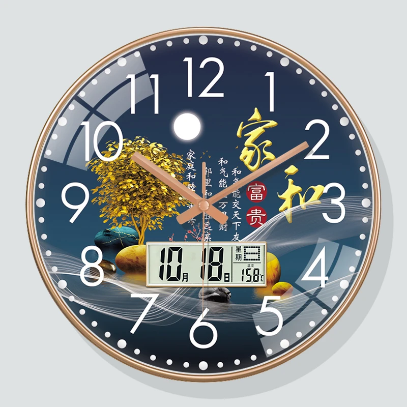 中式日历挂钟静音卧室钟表客厅家用时钟挂墙创意石英钟免打孔挂表