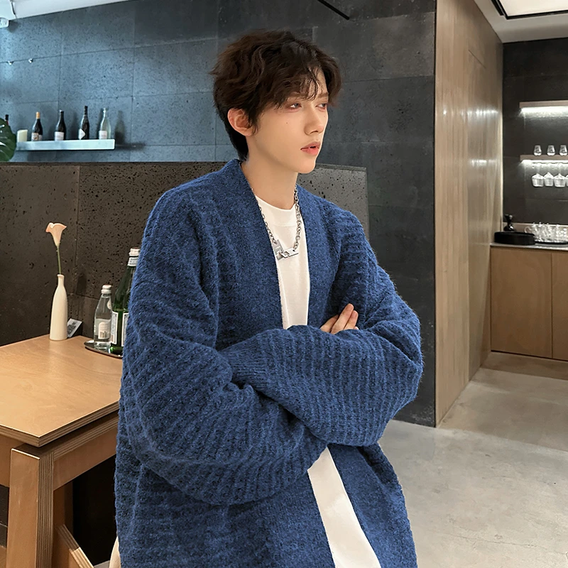 藏青色无扣开衫毛衣针织衫男秋冬美式复古潮牌慵懒风chic线衣外套