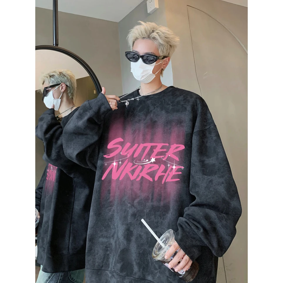 涂鸦脏脏扎染重磅质感卫衣男款秋冬加绒美式复古潮牌宽松情侣外套