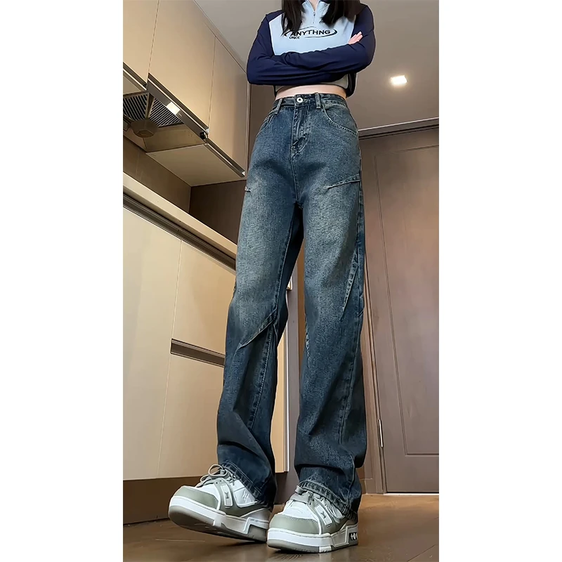 工装拼接水洗牛仔裤男春秋高街美式vibe潮牌大码宽松直筒阔腿裤子