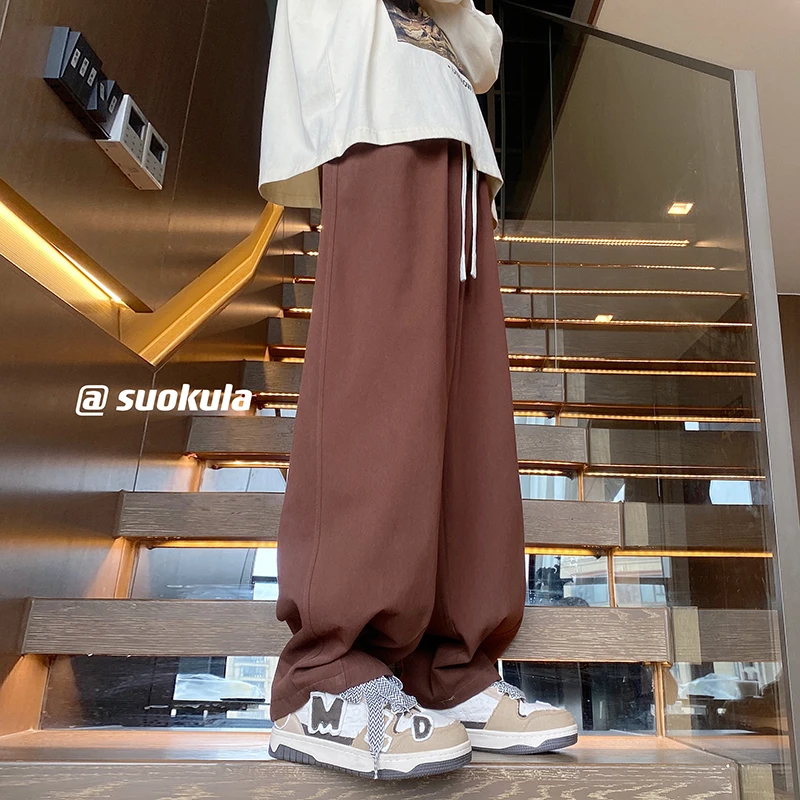 咖色美式复古休闲裤男春秋oversize潮牌宽松直筒垂感阔腿运动裤子