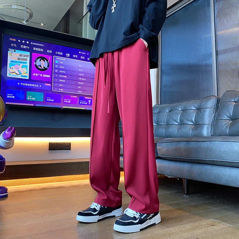 那不勒斯酒红色垂感西裤男春秋美式潮牌痞帅宽松直筒阔腿休闲裤子