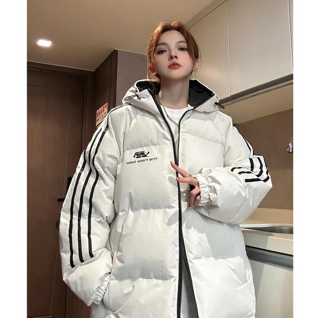 米白色条纹连帽棉服外套男款冬季美式潮牌情侣面包服痞帅防寒棉衣