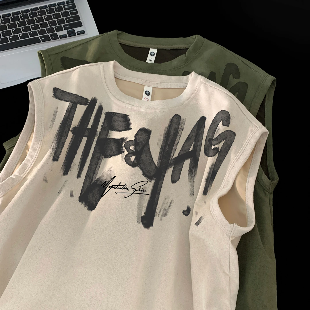 涂鸦仿麂皮绒重磅无袖t恤背心男士夏季美式潮牌运动篮球坎肩汗衫