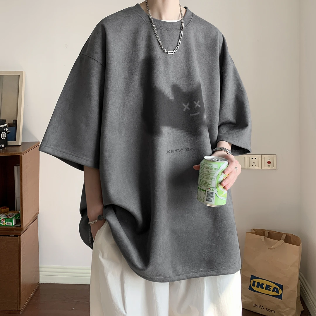 深灰猫咪仿麂皮绒重磅300g短袖t恤男夏季美式潮牌宽松情侣五分袖