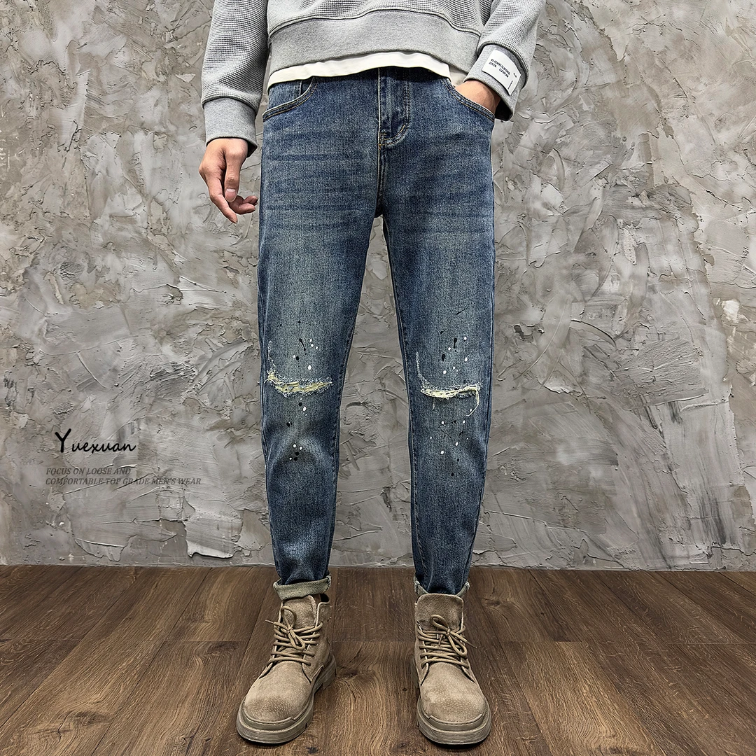 蓝色泼墨牛仔裤男士个性猫须割破贴布修身小脚韩版潮流春季九分裤