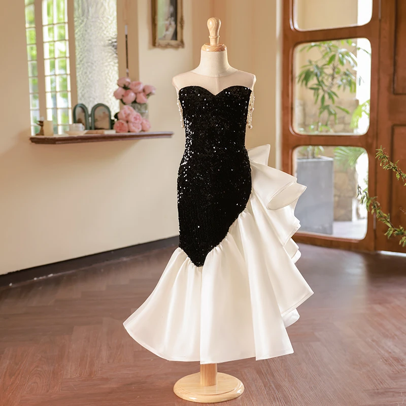 喜绒兔新款黑白百搭款人鱼裙气质走秀礼服高贵显瘦设主持人演出服