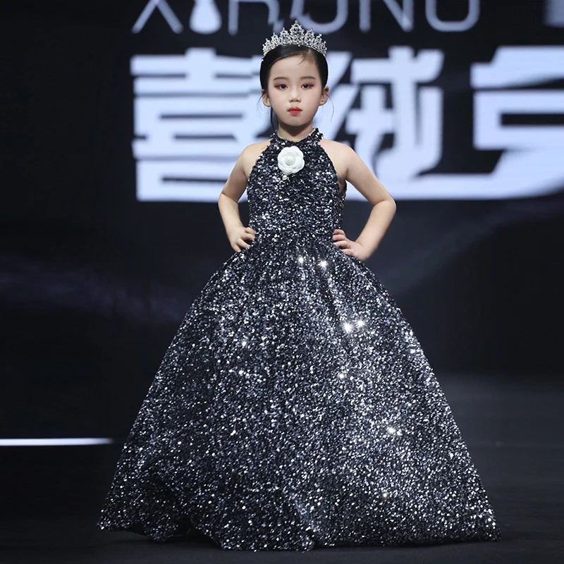 喜绒兔儿童礼服黑色亮闪女童礼服轻奢高级款时尚设计师款演讲主持
