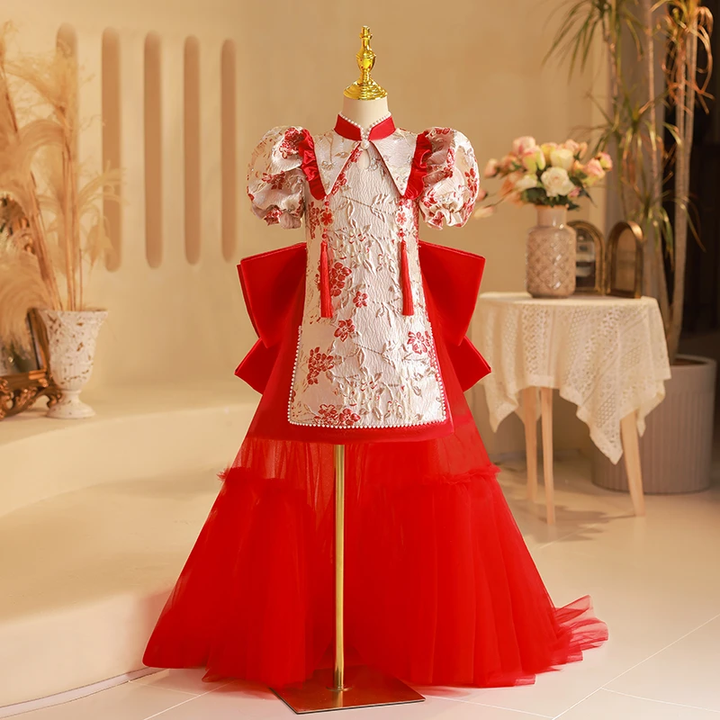 2023新款中国风礼服红色女童中式小女孩喜庆婚礼公主儿童洋气宝宝