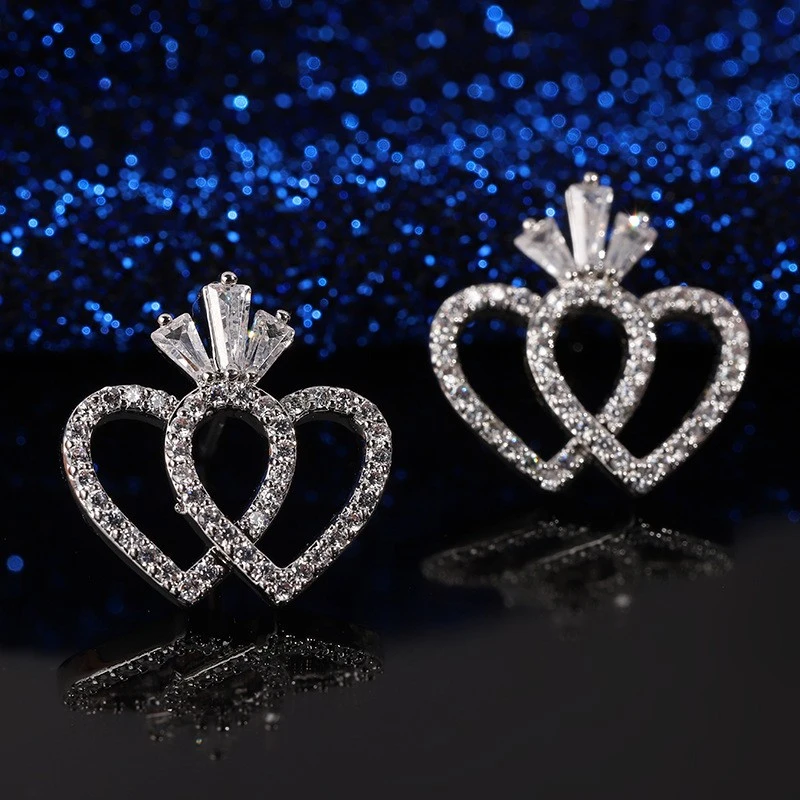 铜合金合成锆石耳饰 【艾思黛】微镶皇冠双心形耳钉简约耳环女-66