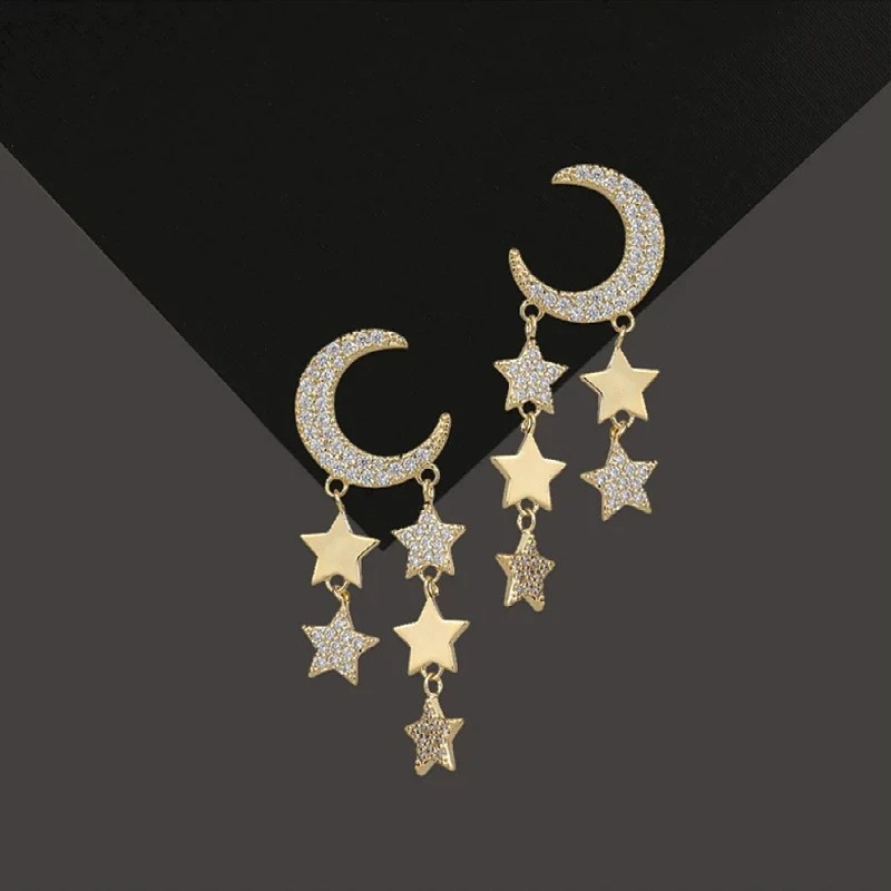 铜合金合成锆石耳饰 【艾思黛】灵动星月耳环时尚双排星星耳坠-38