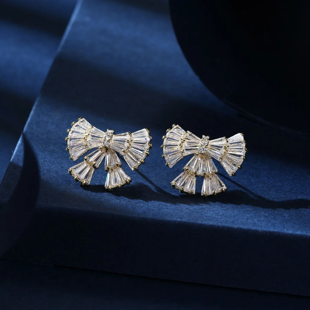 铜合金合成锆石耳饰 【艾思黛】轻奢璀璨蝴蝶结耳钉 气质耳饰女89