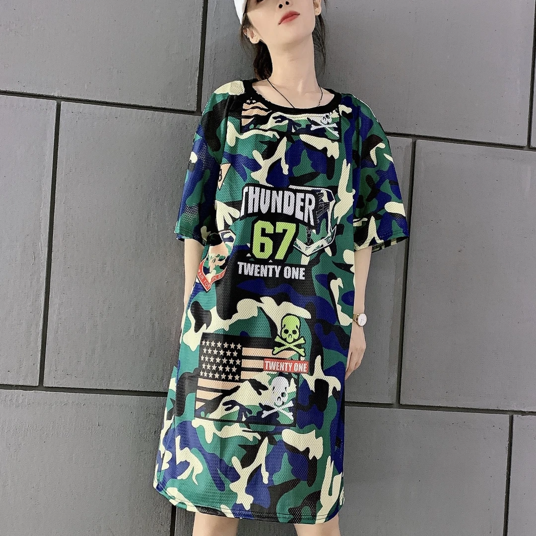 夏季薄款宽松显瘦冰丝网眼速干衣女大码中长款T恤迷彩连衣裙睡衣