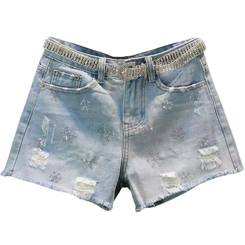 牛仔短裤女2025夏季新款潮货欧洲站修身提臀显瘦高腰烫钻破洞热裤