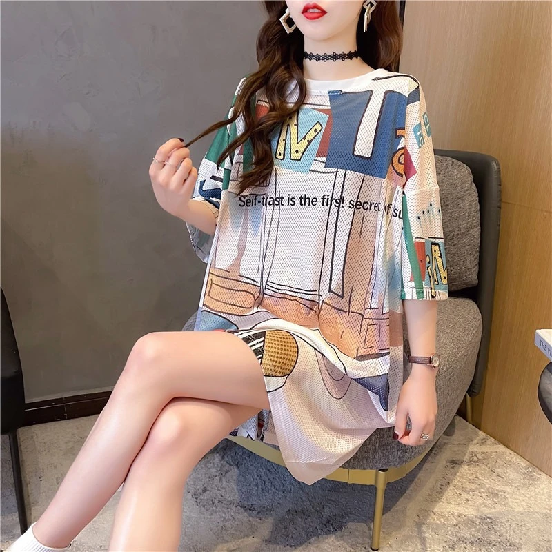 夏季卡通洋气网眼速干衣短袖t恤裙女中长款宽松休闲百搭冰丝睡衣