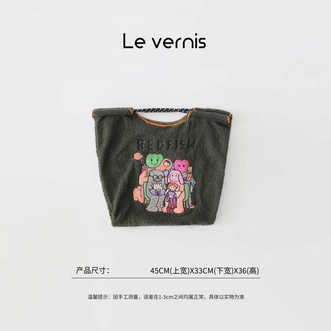 【工厂直销】秋冬新款日系插画师刺绣手提包Gao圆圆同款-羊羔绒款