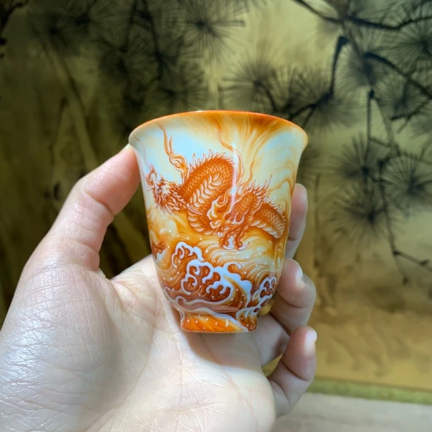溢珍堂 矾红海水龙纹花神杯 景德镇高端茶器主人杯纯手工
