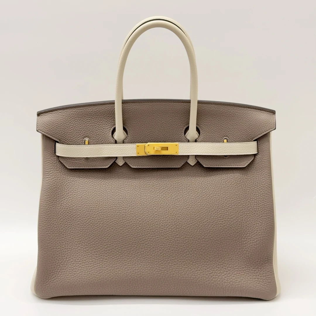 99新 Hermes/爱马仕 Birkin35 银河灰拼奶昔白 拉丝金扣 togo D刻