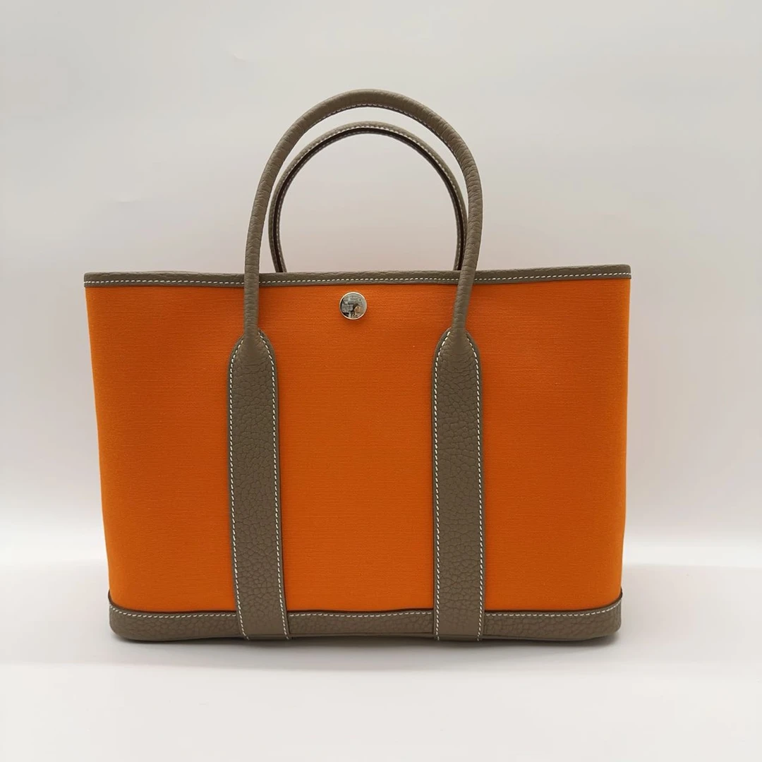 99新 Hermes/爱马仕 帆布拼花园包30 爱马仕橙拼大象灰 银扣 B刻