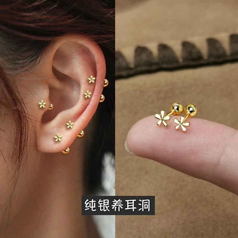 925银花朵耳骨钉螺丝拧2022新款潮养耳洞酷高级感耳环女小众耳饰