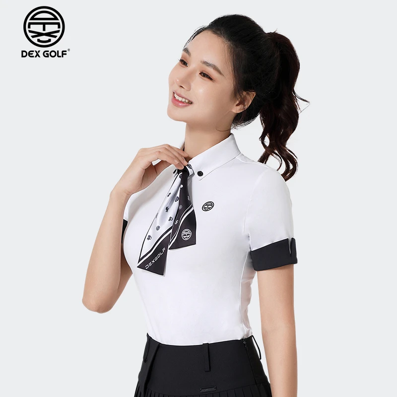 DEXGOLF高尔夫女士短袖T恤夏新款丝巾翻领polo衫3056时尚修身气质