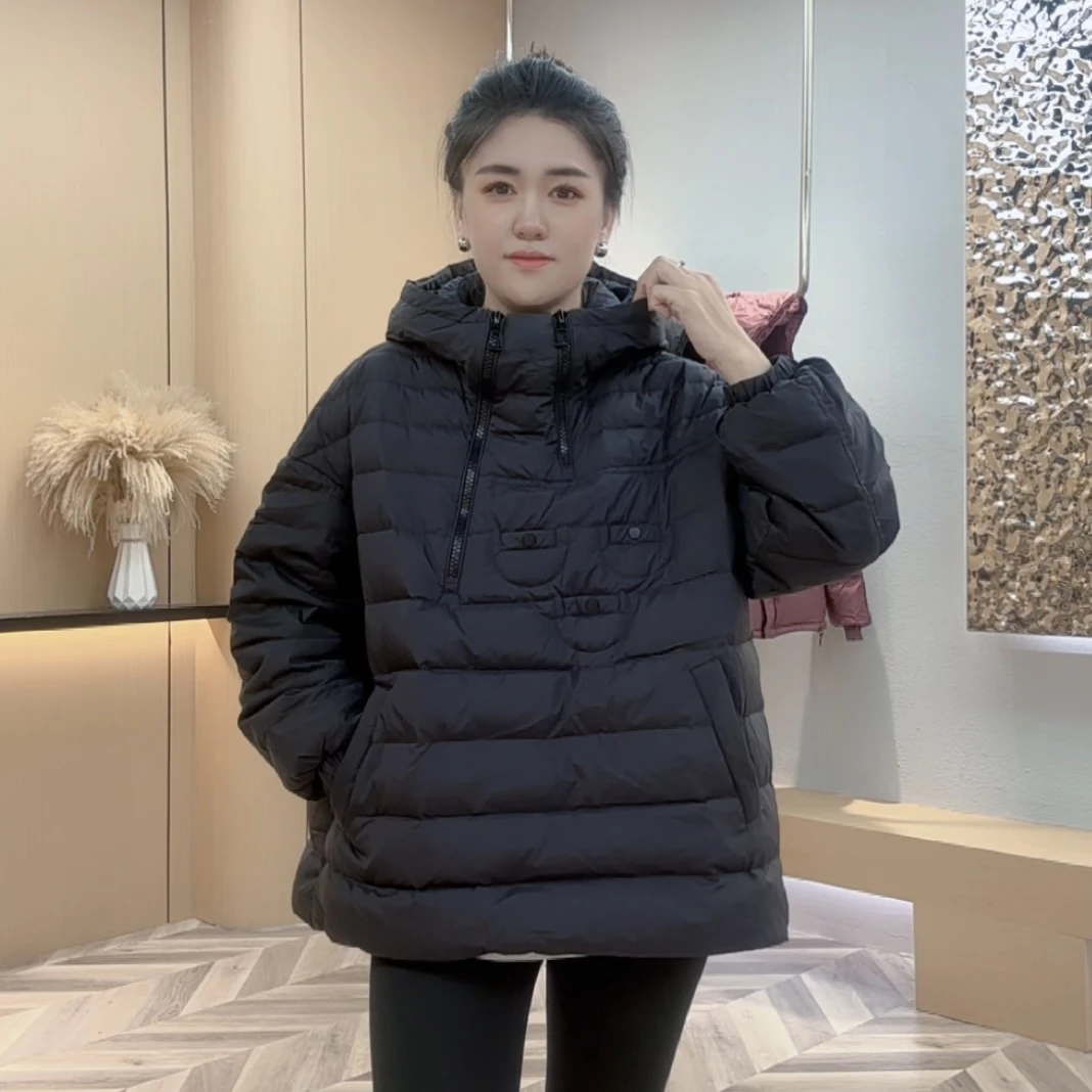 双拉链套头连帽宽松百搭休闲冬季羽绒服